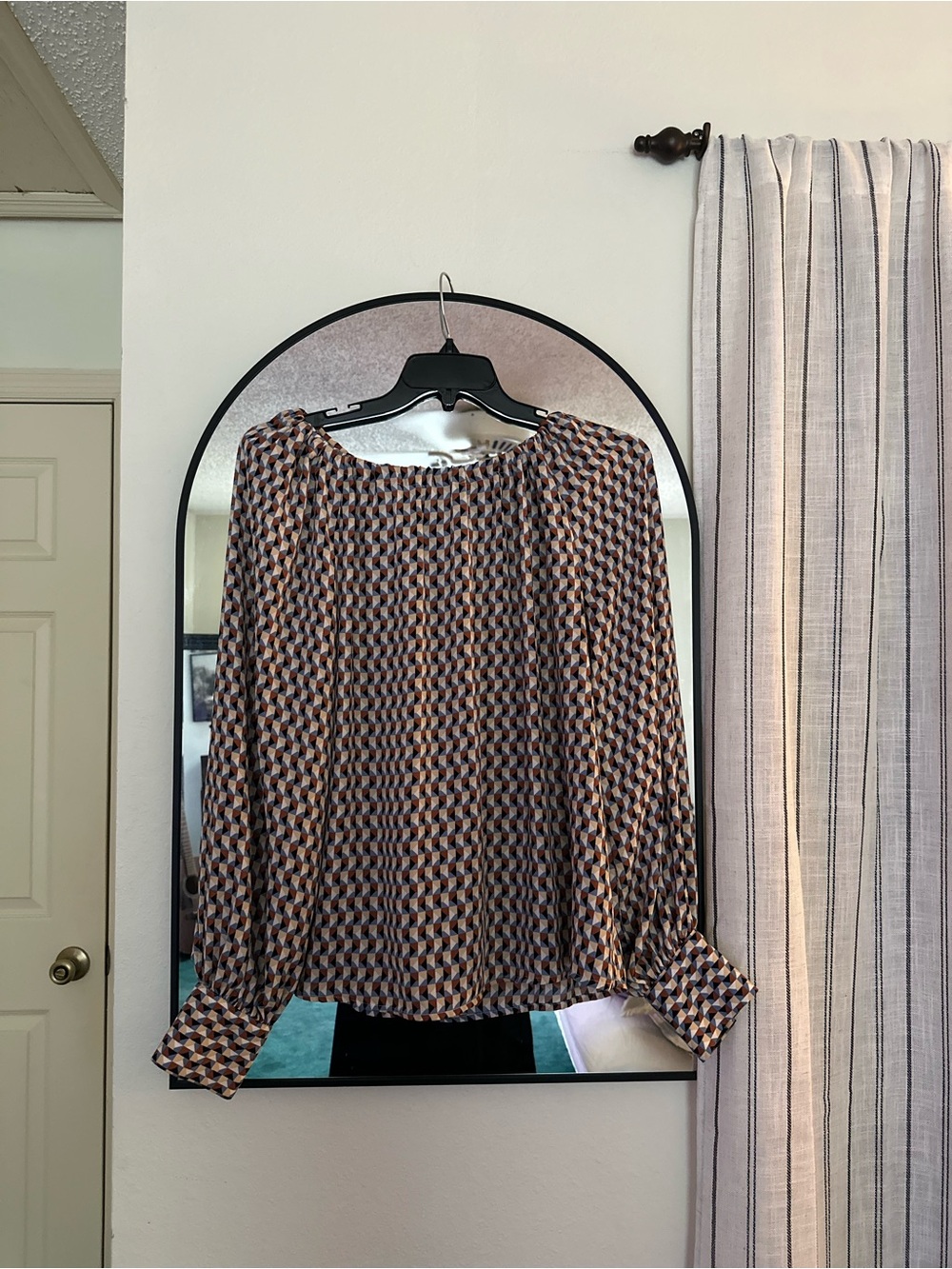 Worthington Brown Multi Geometric Long Sleeve Blouse